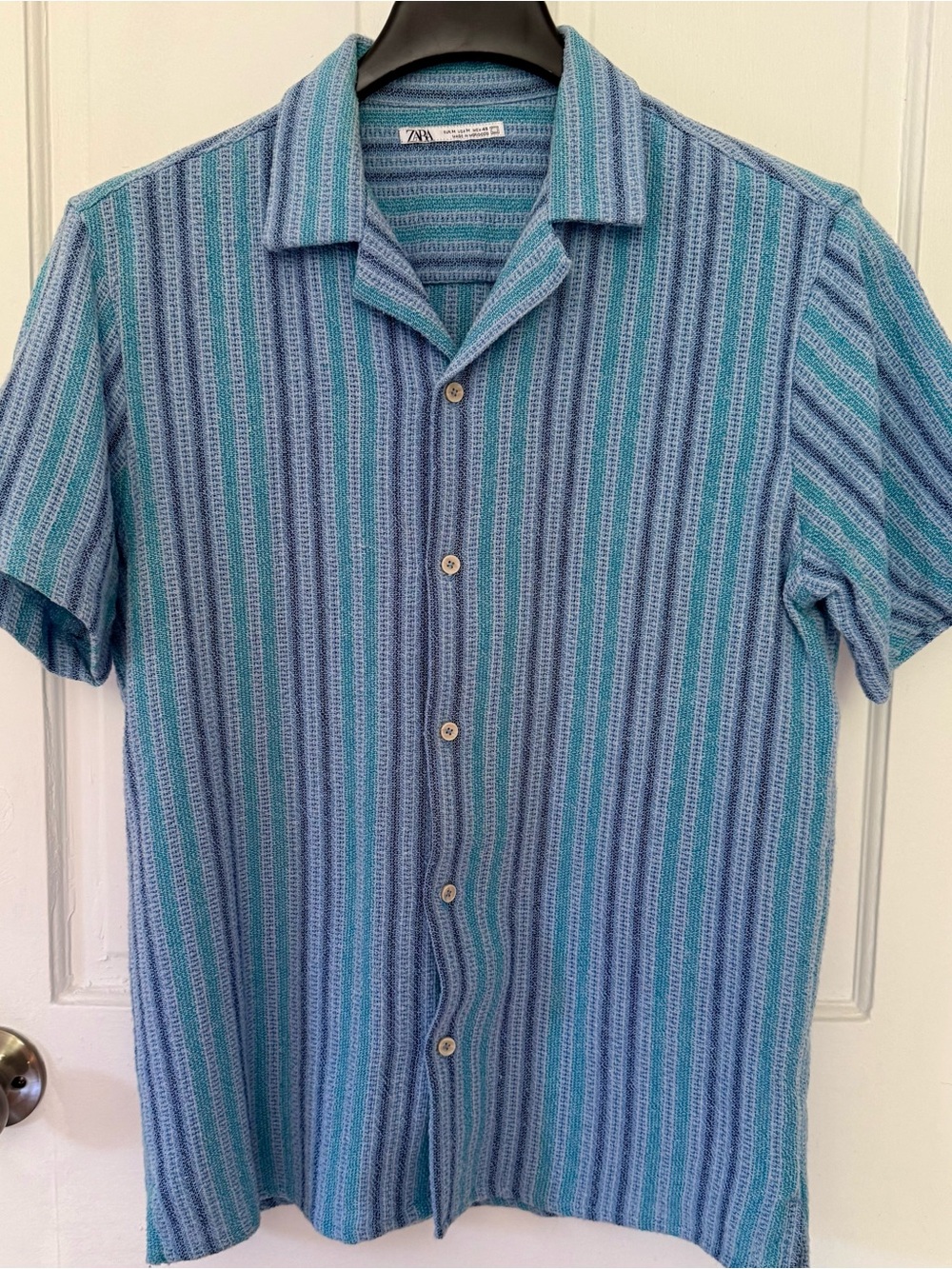 Zara Men Light Blue & Teal Striped Short-Sleeve Button-Down Shirt